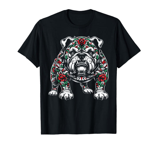 Bulldog Floral Red Rose Mens Womens T-Shirt