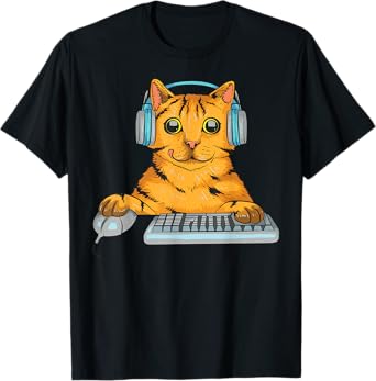 Cute Cat Gamer Gift | Funny Kitten Computer Game Playing T-Shirt