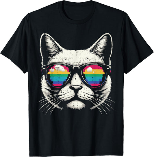 Gay Pride Month Cat Sunglasses Cool LGBTQ Ally Rainbow Flag T-Shirt