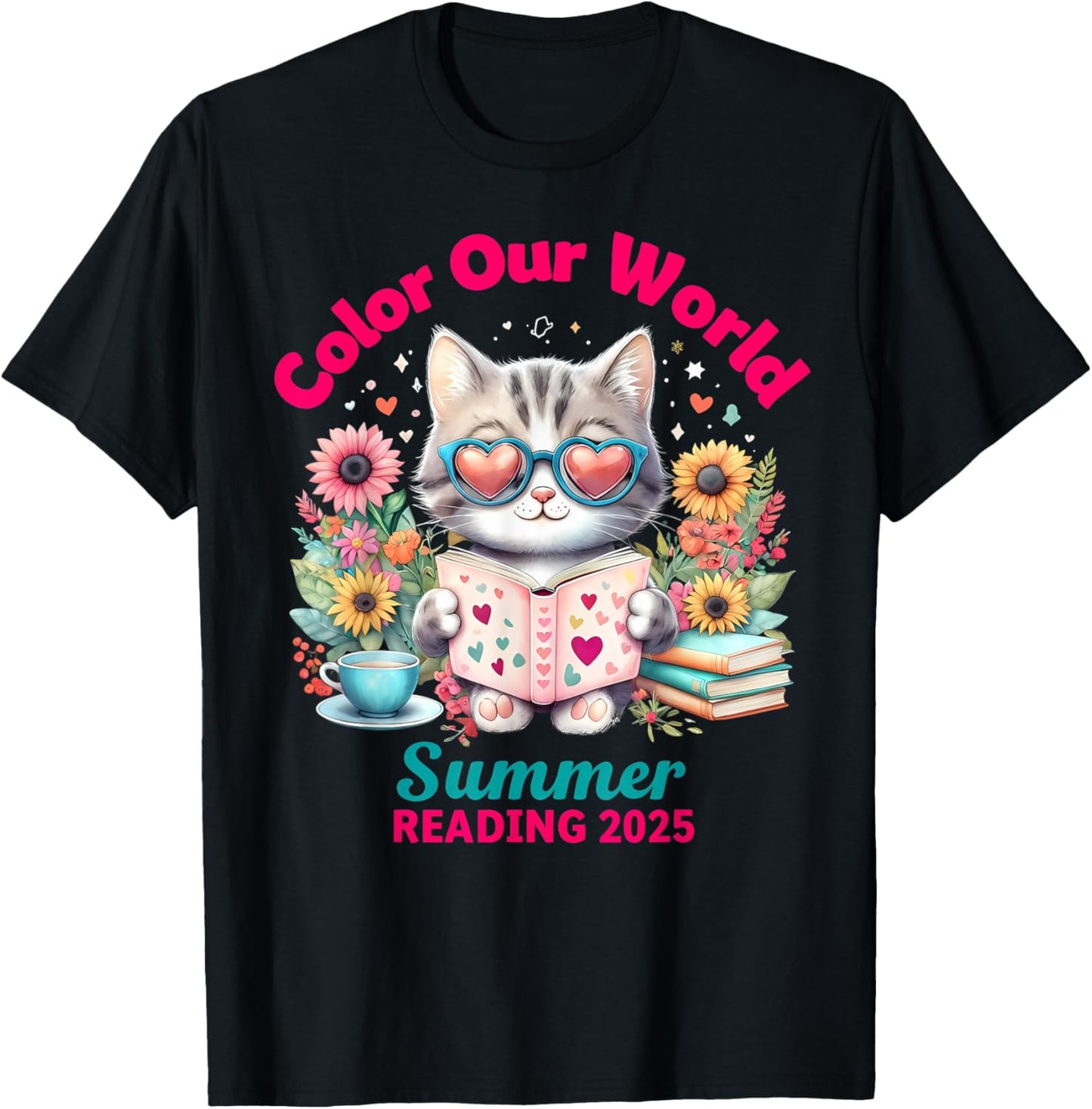 Color Our World Summer Reading Program 2025 Funny Cat T-Shirt