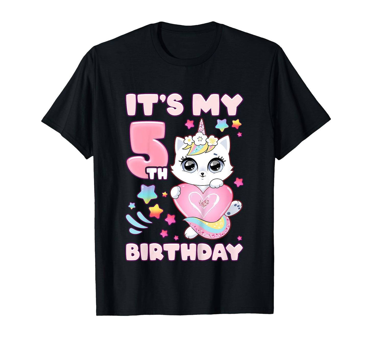 Birthday girl 5 years old, cat, unicorn, 5th birthday T-Shirt