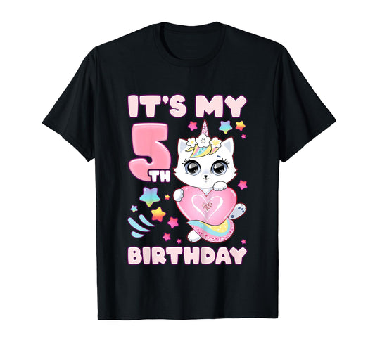 Birthday girl 5 years old, cat, unicorn, 5th birthday T-Shirt