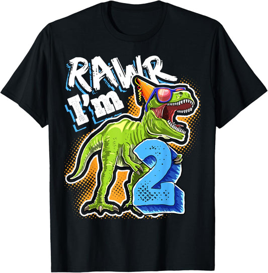 Kids Rawr I'm 2 2nd Birthday T Rex Dinosaur Party Gift Boys T-Shirt