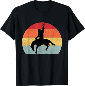 Bigfoot Riding a Horse Rodeo Retro Sunset Funny T-Shirt