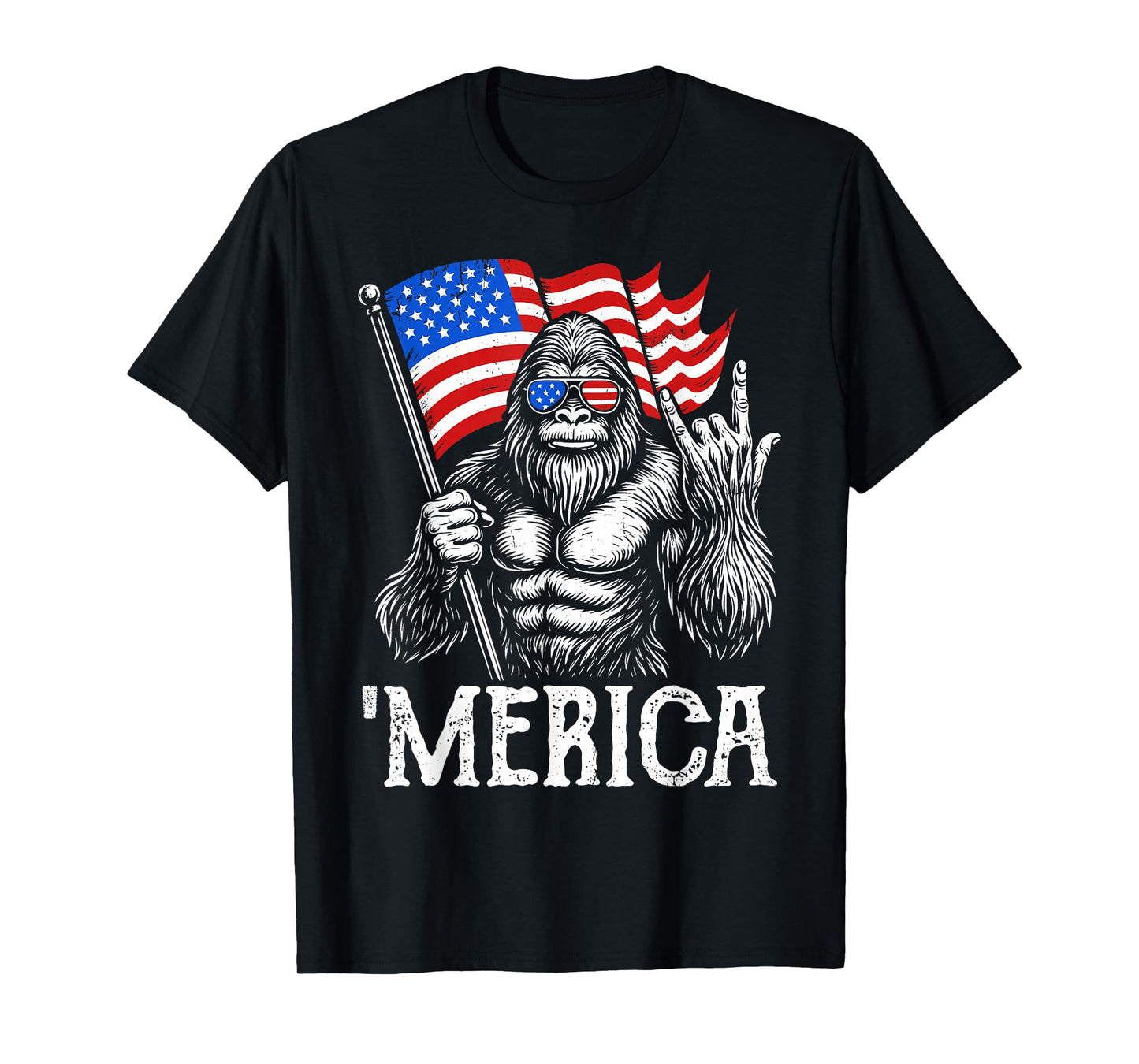 Bigfoot Merica Rock American Flag Patriotic 4th Of July T-Shirt