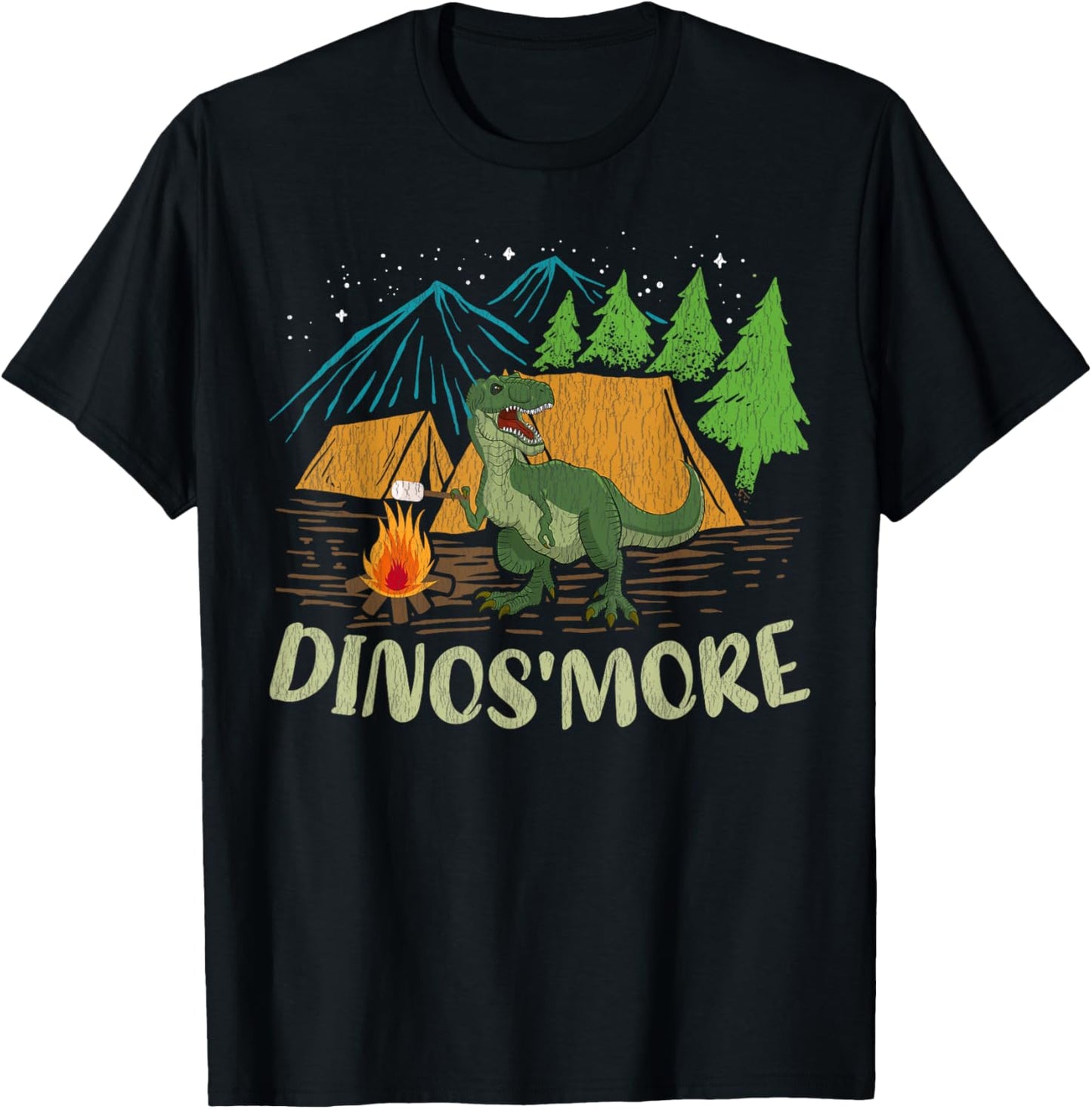 Camping S'more Dinosaur Lover Funny Dinosaur Camping T-Shirt - Black, Unisex-Adults, Short Sleeve, Classic Fit, Small