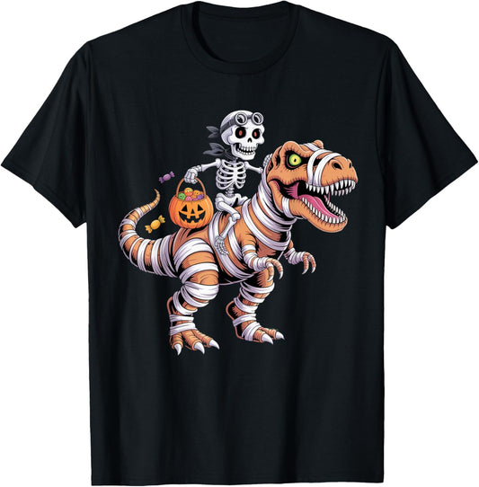 Skeleton Riding Mummy Dinosaur T rex Halloween Funny Pumpkin T-Shirt