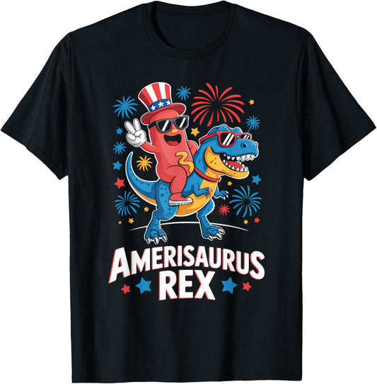 Hotdog Riding Dinosaur Funny 4th of July Amerisaurus Rex Men Women Kids T-Shirt