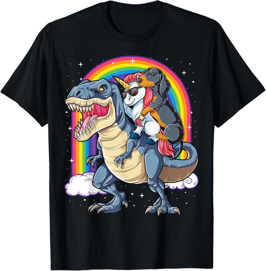 Dachshund Unicorn Riding Dinosaur T-rex Gifts Women Rainbow T-Shirt