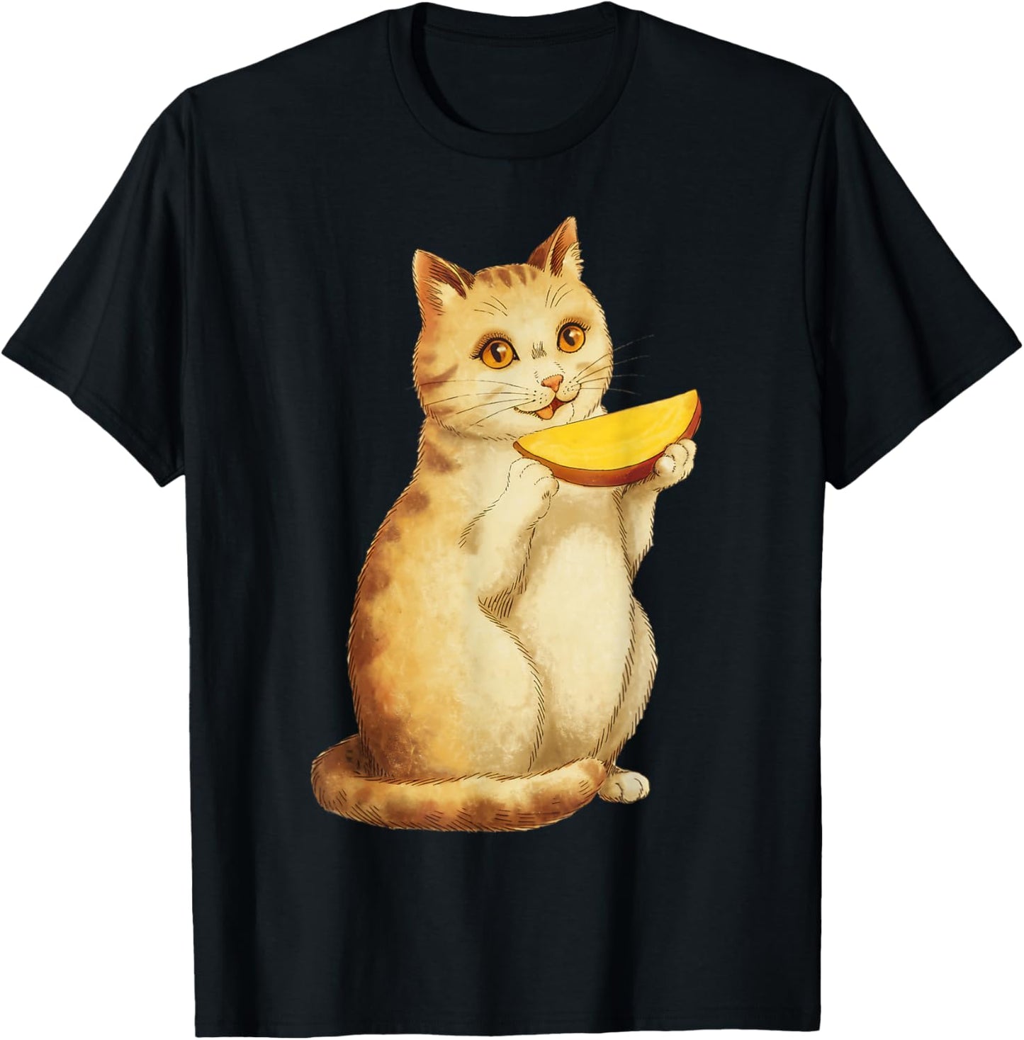 Cute Cat Eating Mango Slices, Funny Fruit Lovers Design T-Shirt