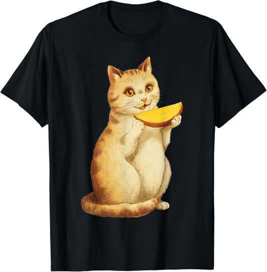 Cute Cat Eating Mango Slices, Funny Fruit Lovers Design T-Shirt