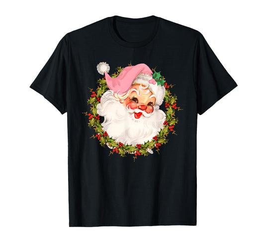 Vintage Pink Santa Claus Merry Christmas Pajamas Xmas Women T-Shirt