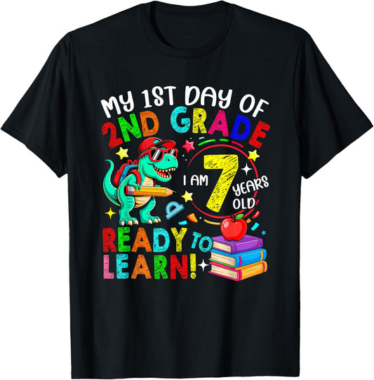 1st Day Of 2nd Grade 7 Years Old Cute T-rex Back To School T-Shirt