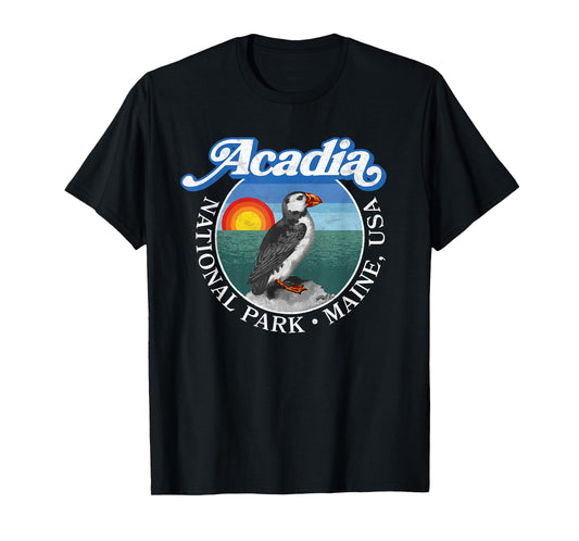 Retro Acadia National Park Vintage Maine Puffin Graphic T-Shirt