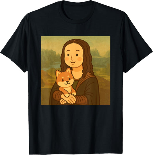Mona Lisa Holding a Shiba inu dog funny cute cartoon art T-Shirt