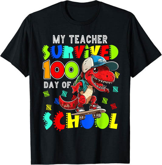 100th Day Of School My Teacher Survived 100 Days Dino Boys T-Shirt