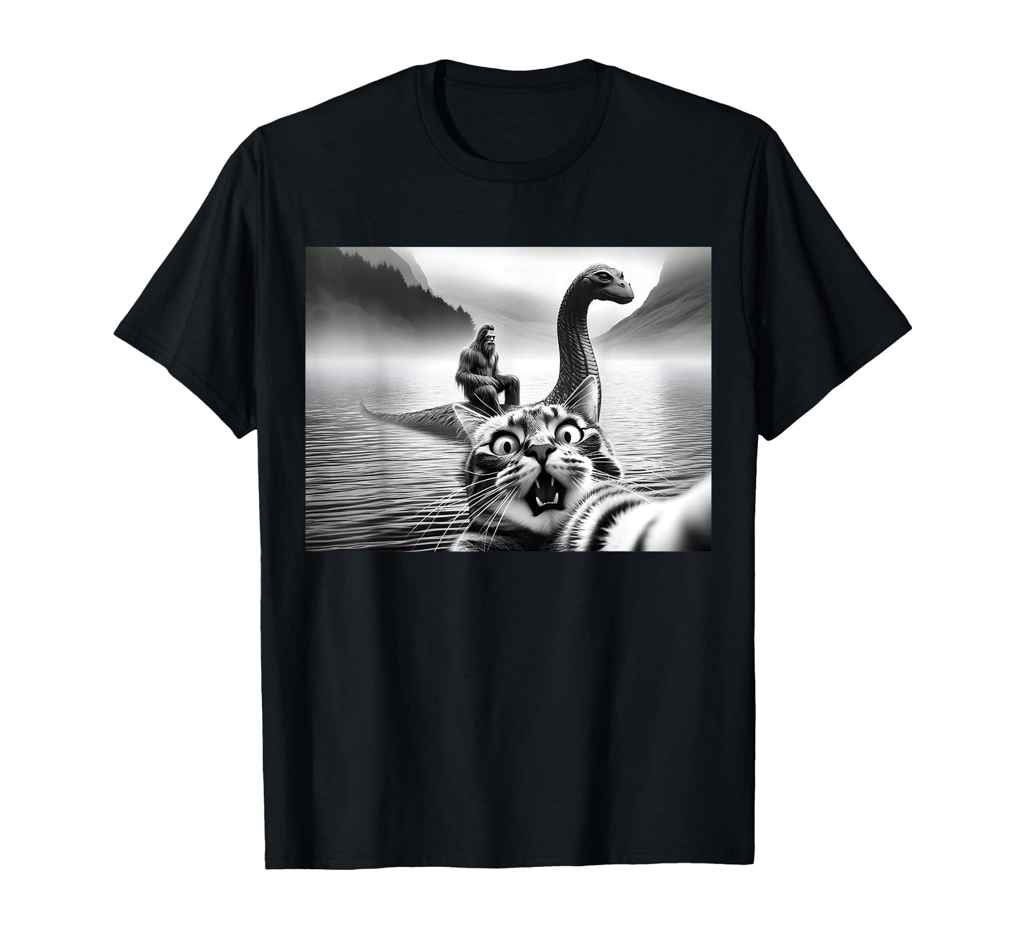 Bigfoot Riding Loch Ness Monster Surprised Scared Cat Selfie T-Shirt for Men Women Girls Kids