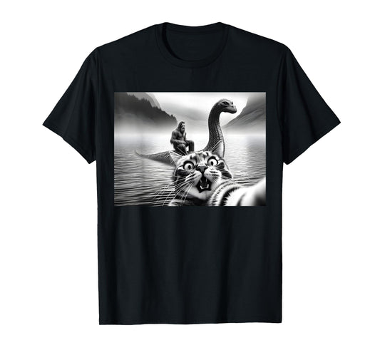 Bigfoot Riding Loch Ness Monster Surprised Scared Cat Selfie T-Shirt for Men Women Girls Kids