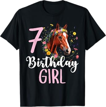 7th Birthday Horse Wildflowers 7 Years Old Birthday Girl T-Shirt
