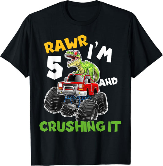 Rawr I’m 5 Crushing It Dinosaur 5th Birthday Monster Truck T-Shirt
