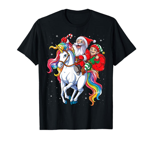 Christmas Santa Elf Riding Unicorn Xmas Girls Women Rainbow T-Shirt