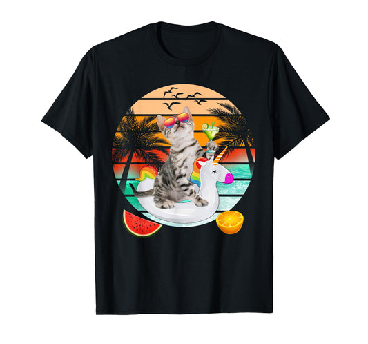 Cute Cat With Margarita & Unicorn Float Kitten Summer Vibes T-Shirt