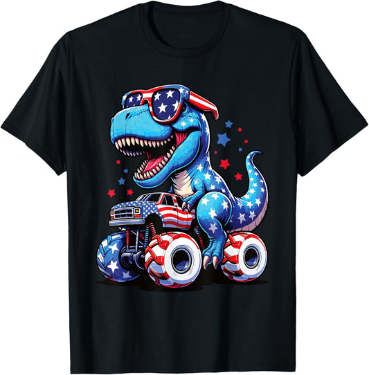 Patriotic T-Rex Riding Monster Truck USA Flag 4th of July T-Shirt
