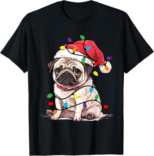 Cute Pug Santa Hat Christmas Tree Lights Xmas Pugmas Dog PJ T-Shirt