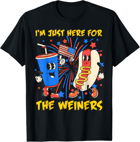 Retro Just Here For The Wieners 4th of July Funny Hot Dog T-Shirt