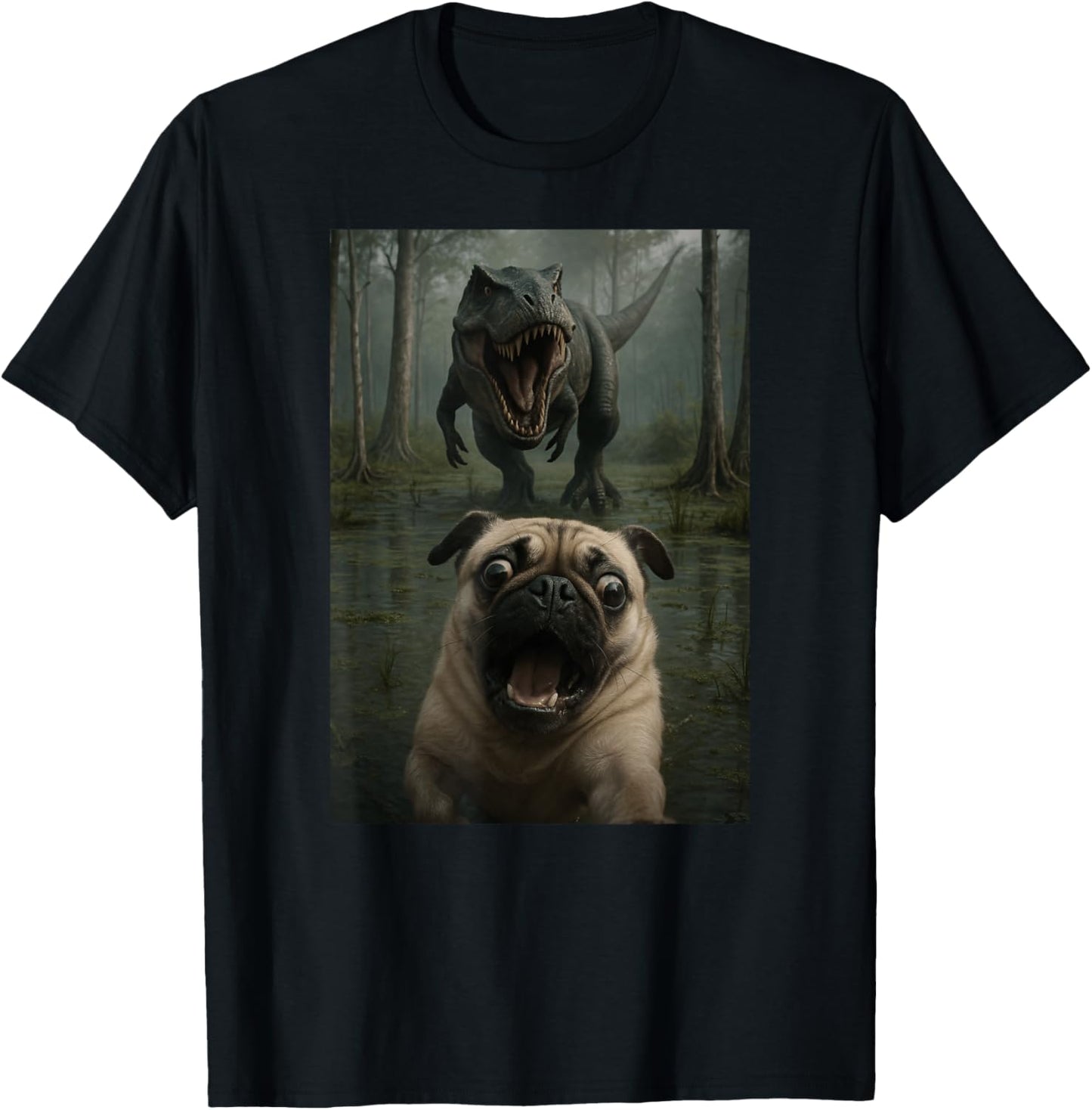 Funny Pug Dog Animal Lover Dinosaur Trex Selfie Mom Dad Kids T-Shirt