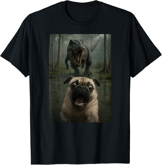 Funny Pug Dog Animal Lover Dinosaur Trex Selfie Mom Dad Kids T-Shirt