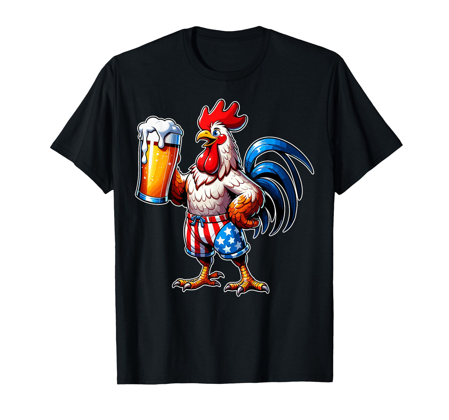 Chicken Holding Beer USA Flag 4th of July Patriotic Chicken T-Shirt
