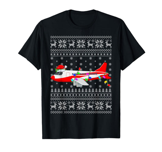 Ugly Sweater Xmas Lights Santa Hat Airplane Christmas T-Shirt