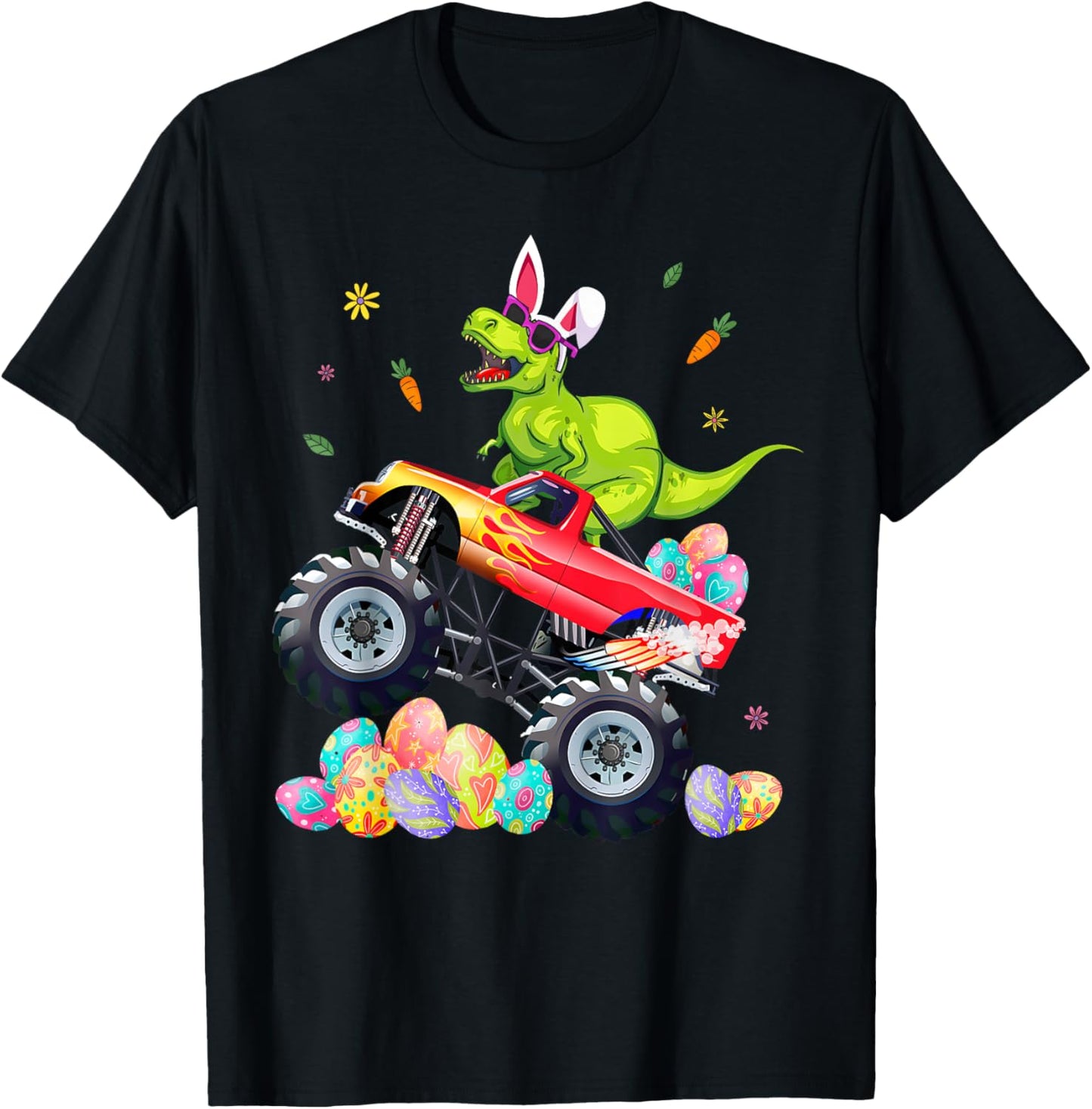 Easter Eggs Monster Truck T-Rex Dinosaur Rabbit Ears Kids T-Shirt