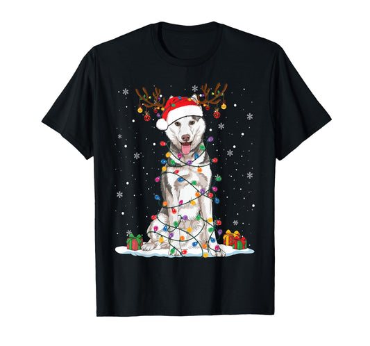 Funny Husky Dog Tree Christmas Lights Xmas Pajama T-Shirt for Men Women Kids