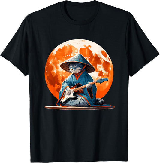 Japanese Samurai Cat With Electric Guitar, Kimono Cat Guitar T-Shirt