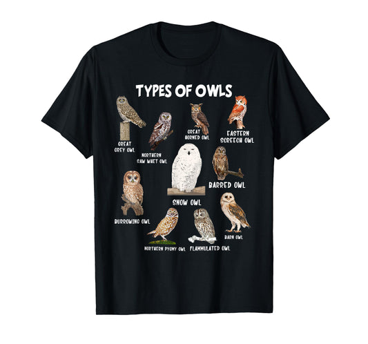 Types of Owls Educational Gift Cute Owl Lovers Funny T-Shirt - Black, Unisex-Adult, Short Sleeve, Classic Fit, Crew Neck, Graphic Tee, Size: Small