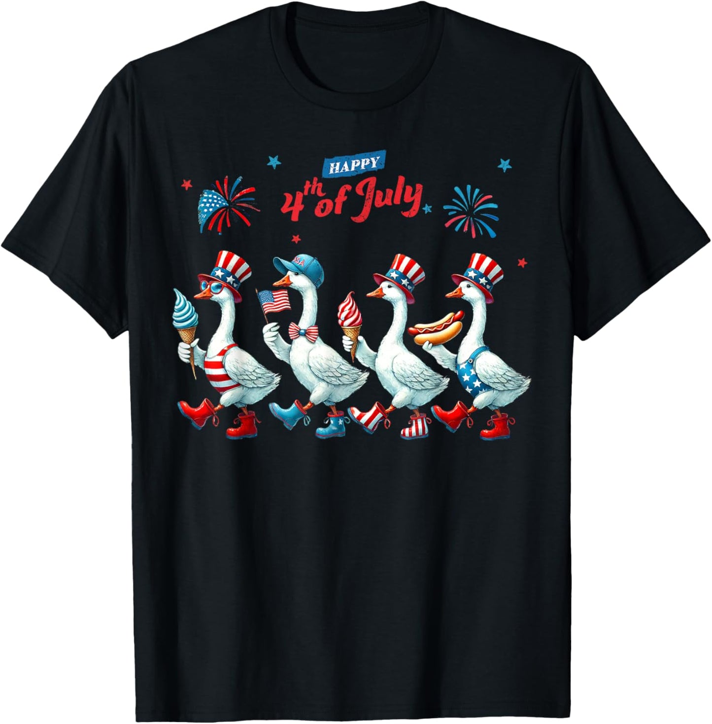 Happy 4th Of July Goose America USA Flag Hotdog Fireworks T-Shirt