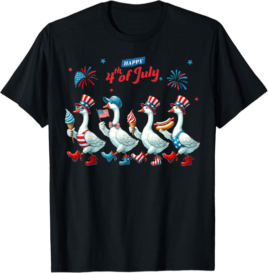 Happy 4th Of July Goose America USA Flag Hotdog Fireworks T-Shirt