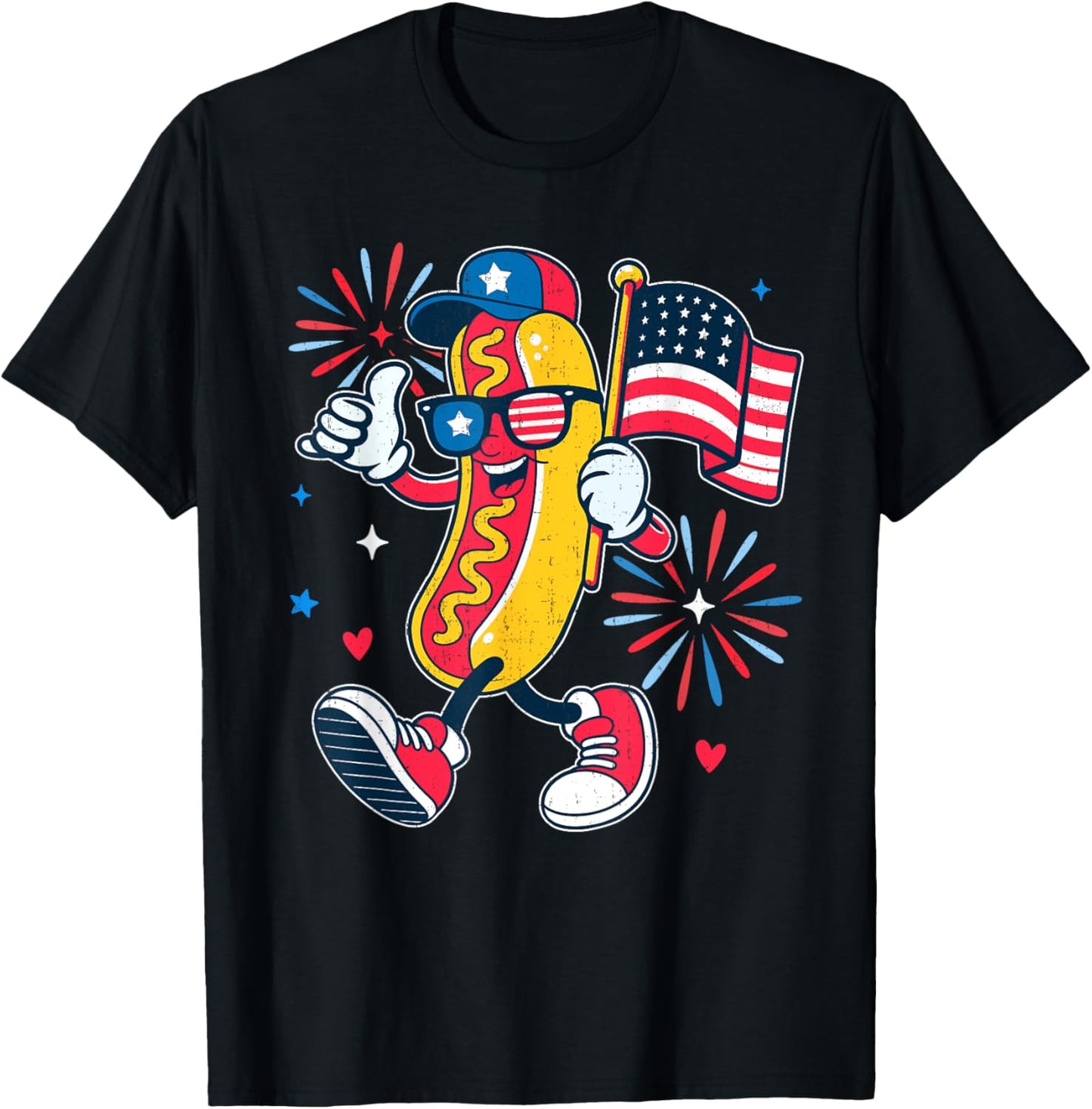Funny Patriotic Hotdog USA Flag Firework July 4th Men Women T-Shirt