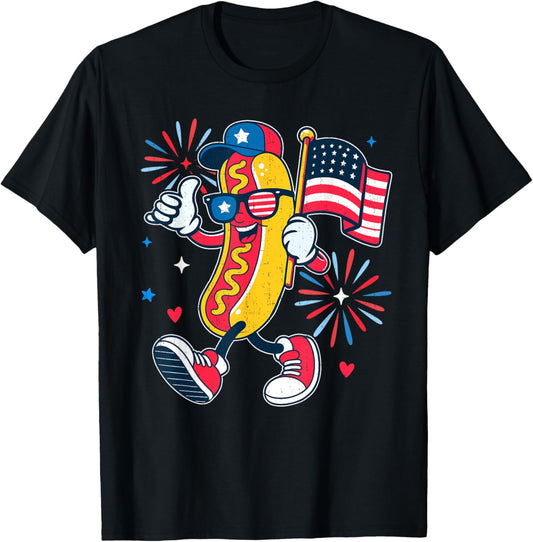Funny Patriotic Hotdog USA Flag Firework July 4th Men Women T-Shirt