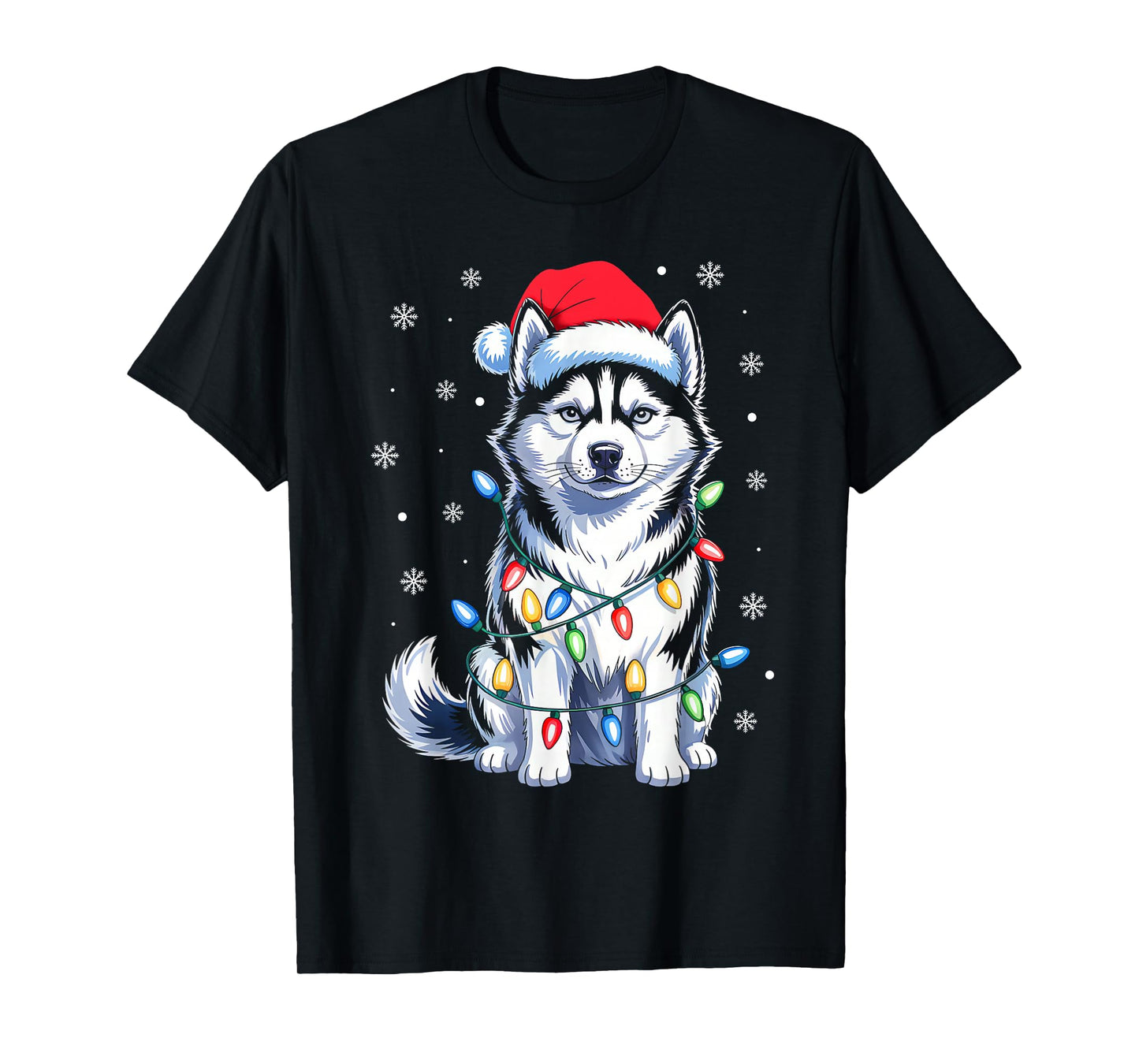 Husky Dog Christmas Lights Santa Hat Family Xmas Pajamas T-Shirt