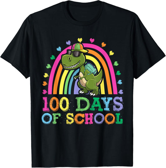 100 Days Of School Rainbow T-rex Dinosaur Shirt, Kids Boys T-Shirt