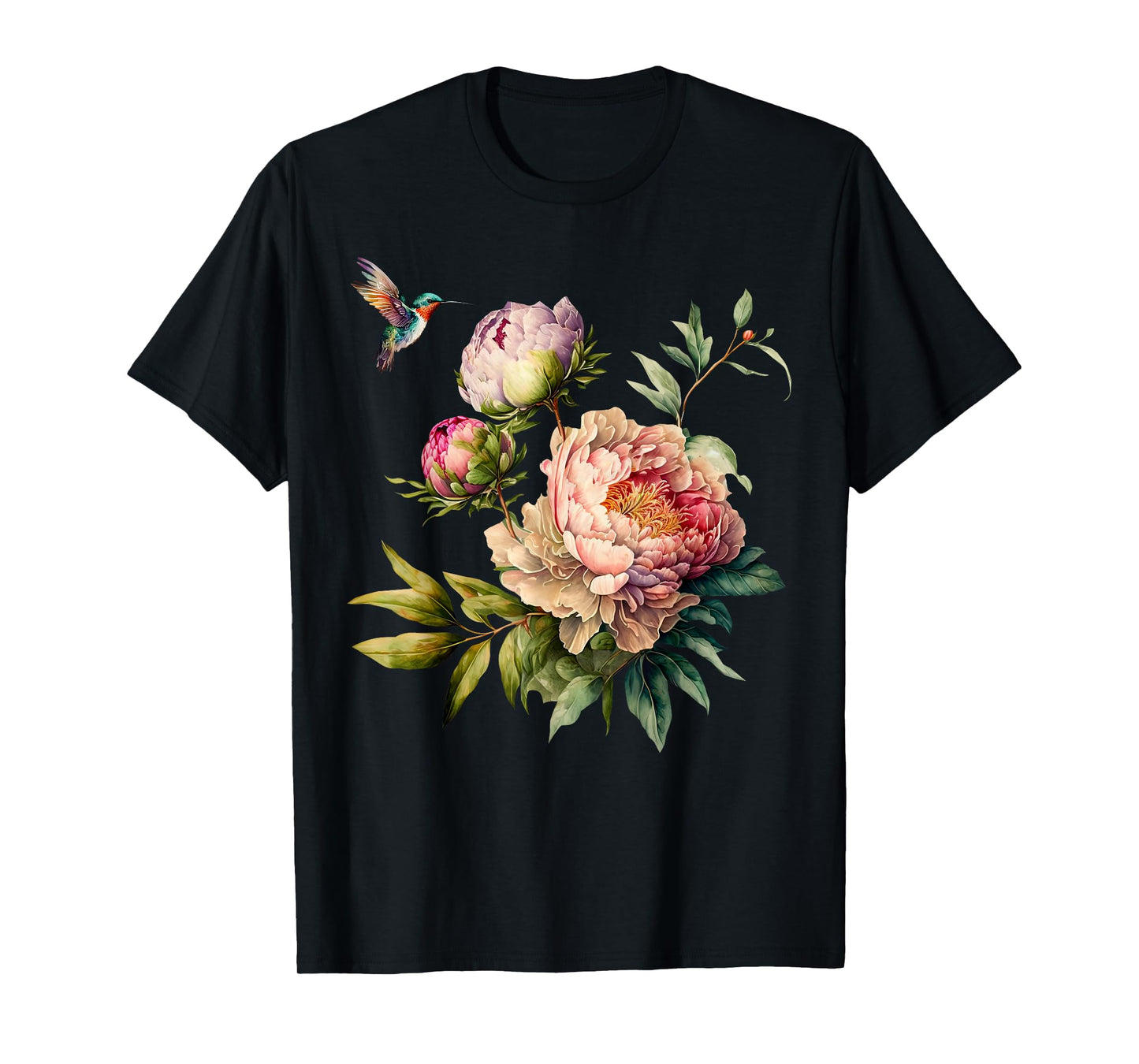 Retro Hummingbird Peony Flower Graphic Gardener Nature lover T-Shirt