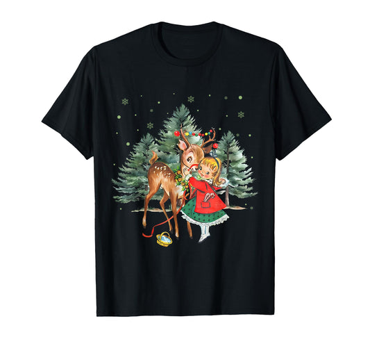Vintage Girl and Reindeer Retro 1950's Christmas T-Shirt