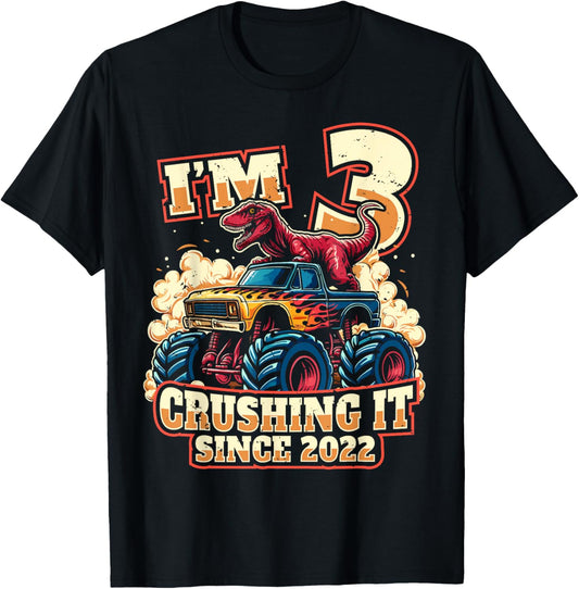 3 Year Old Boys 3rd Birthday Dinosaur Monster Truck Party T-Shirt