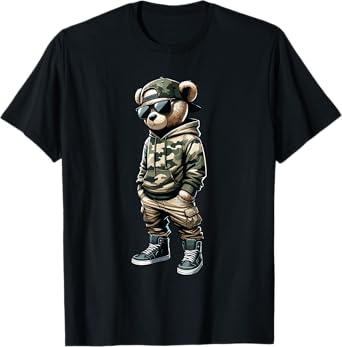 Camo Hip Hop Teddy Bear Cool Rapper Streetwear Graphic T-Shirt