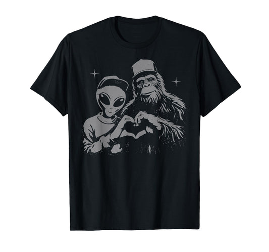 Bigfoot & Alien Sasquatch Love Hand Sign T-Shirt