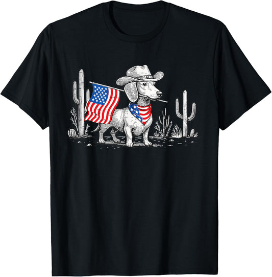 Retro Western Dachshund 4th of July American Flag Dog Lover T-Shirt