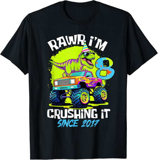 8th Birthday Monster Truck Dinosaur Party Boys Rawr I'm 8 T-Shirt